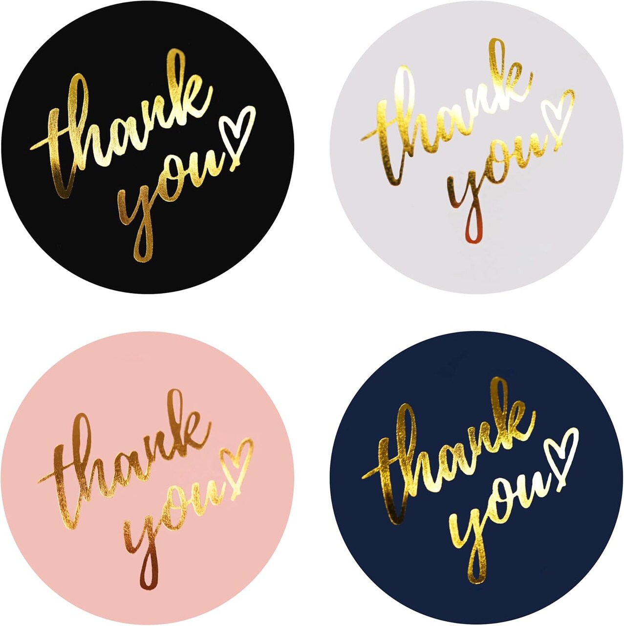 500 PCS Thank You Stickers Roll – 1.5 Inch Round Gold Foil Stickers with Heart Design, 4 Colors